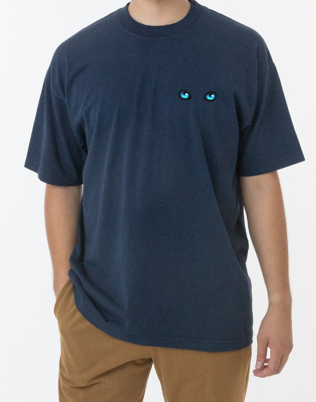 Blue Cat Eyes on a Navy T-Shirt