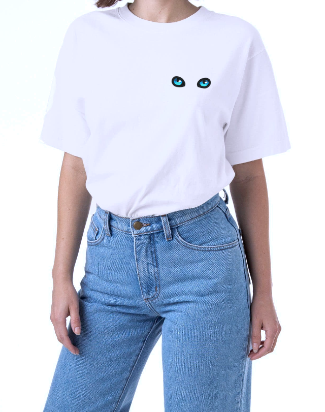 Blue Cat Eyes on a White T-Shirt